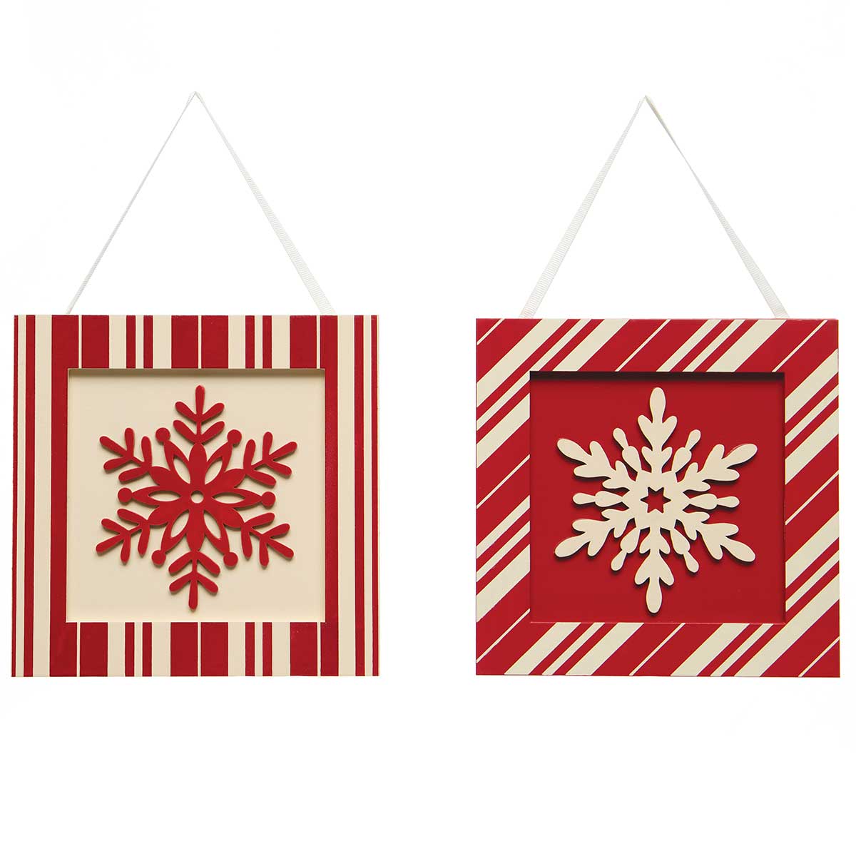 Ticking Square Wood Snowflake Ornament/Sign Red/Cream Set of 2