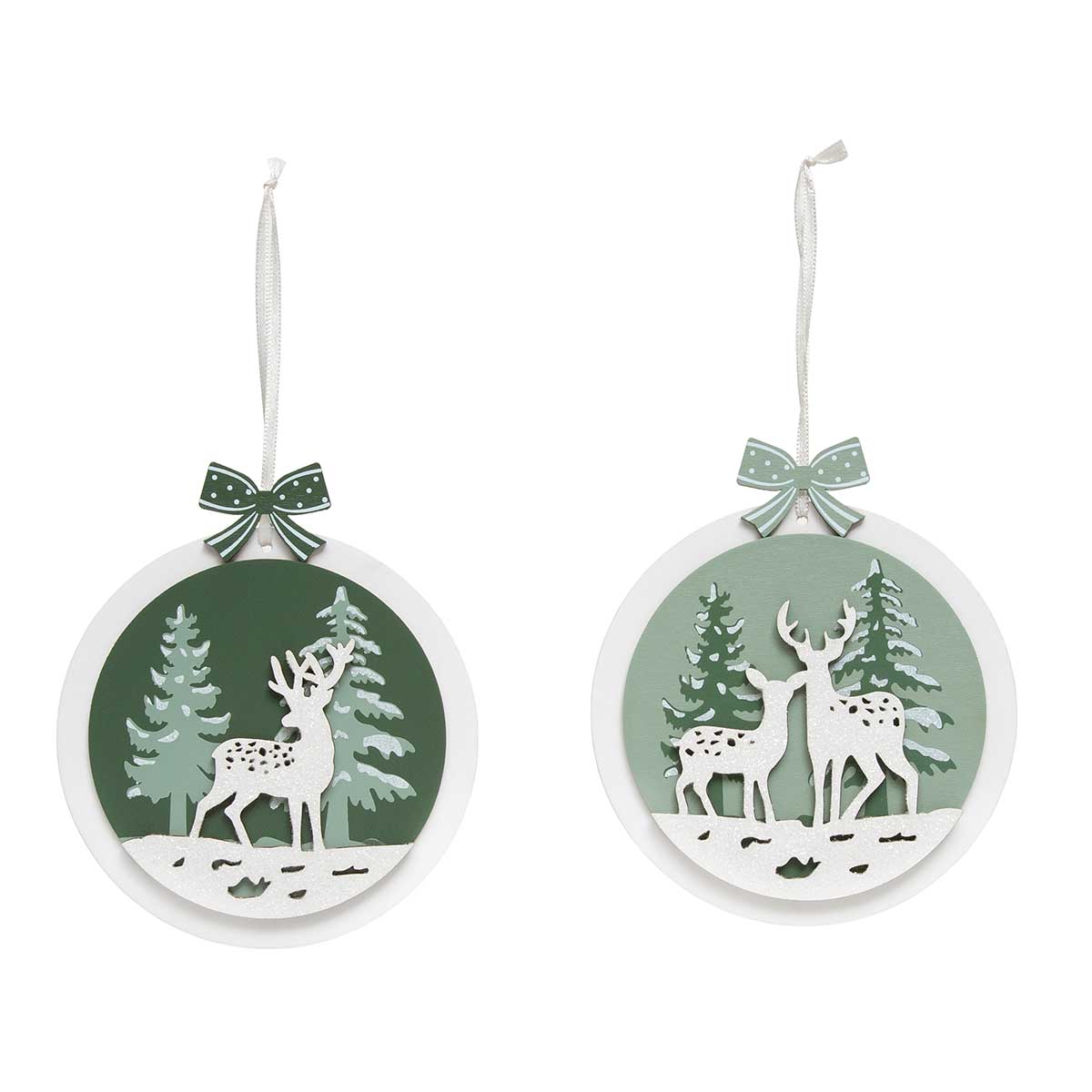 !DEER ROUND ORNAMENT GREEN/WHITE 2 AST