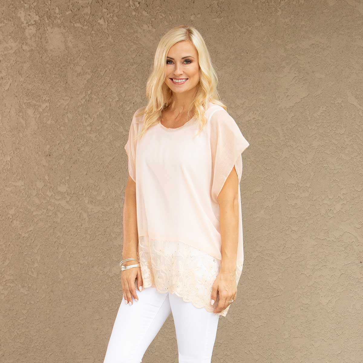 Peach Tunic with Lace and Crystal Trim 27"x30" 50sp