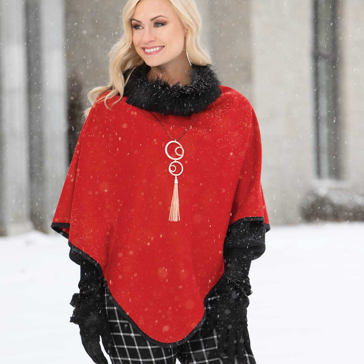 Red Poncho with Black Fur Collar