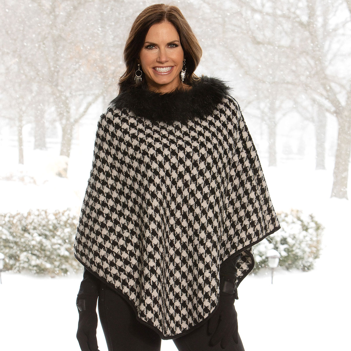 Black/White Houndstooth Poncho with Fur Collar