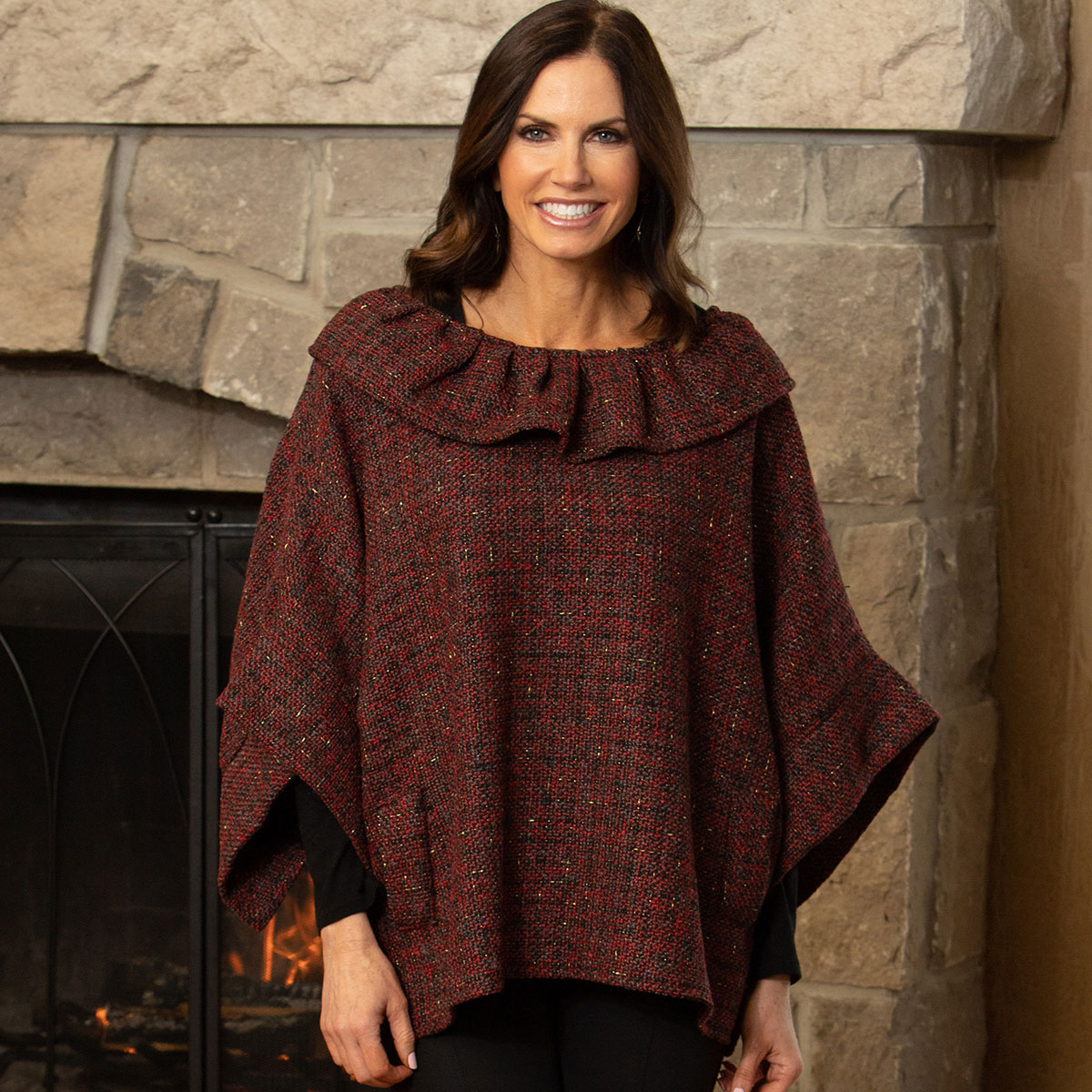 b50 TUNIC WITH RUFFLE RED/BLK 32INX24IN ONE SIZE FITS MOST TWEED