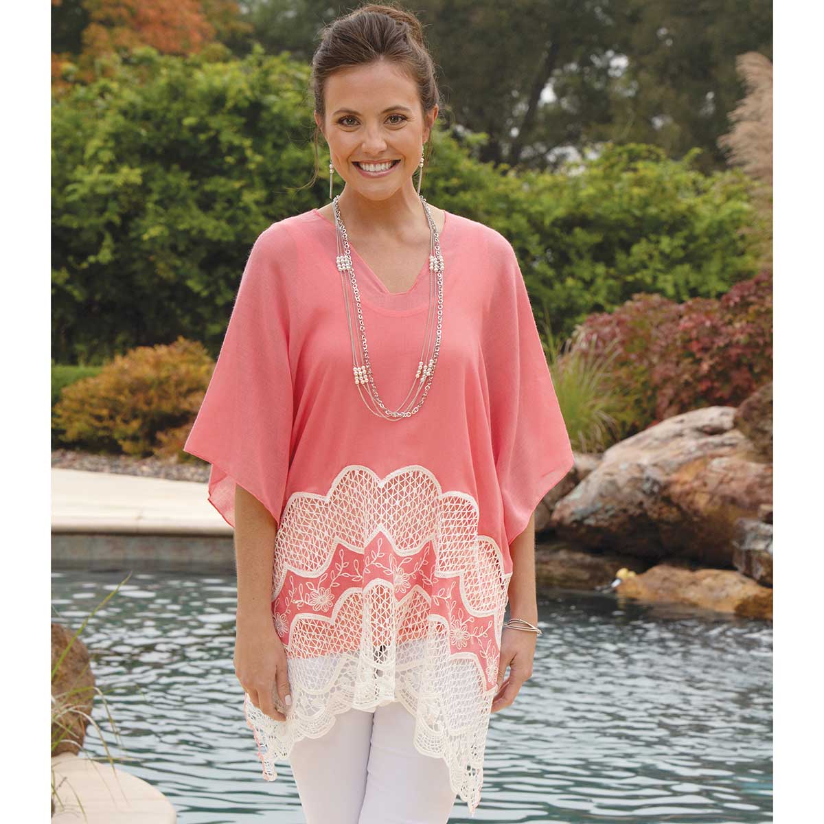 Coral Tunic with Cream Lace Trim 35"x29.5"