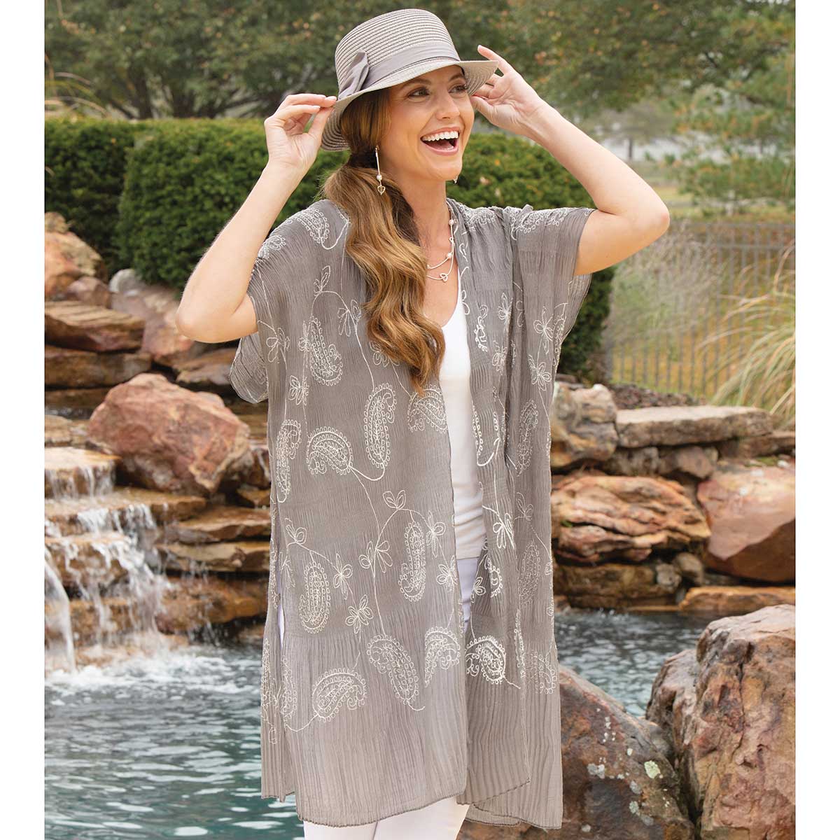 Grey Crinkle Vest with Cream Embroidered Paisley Pattern