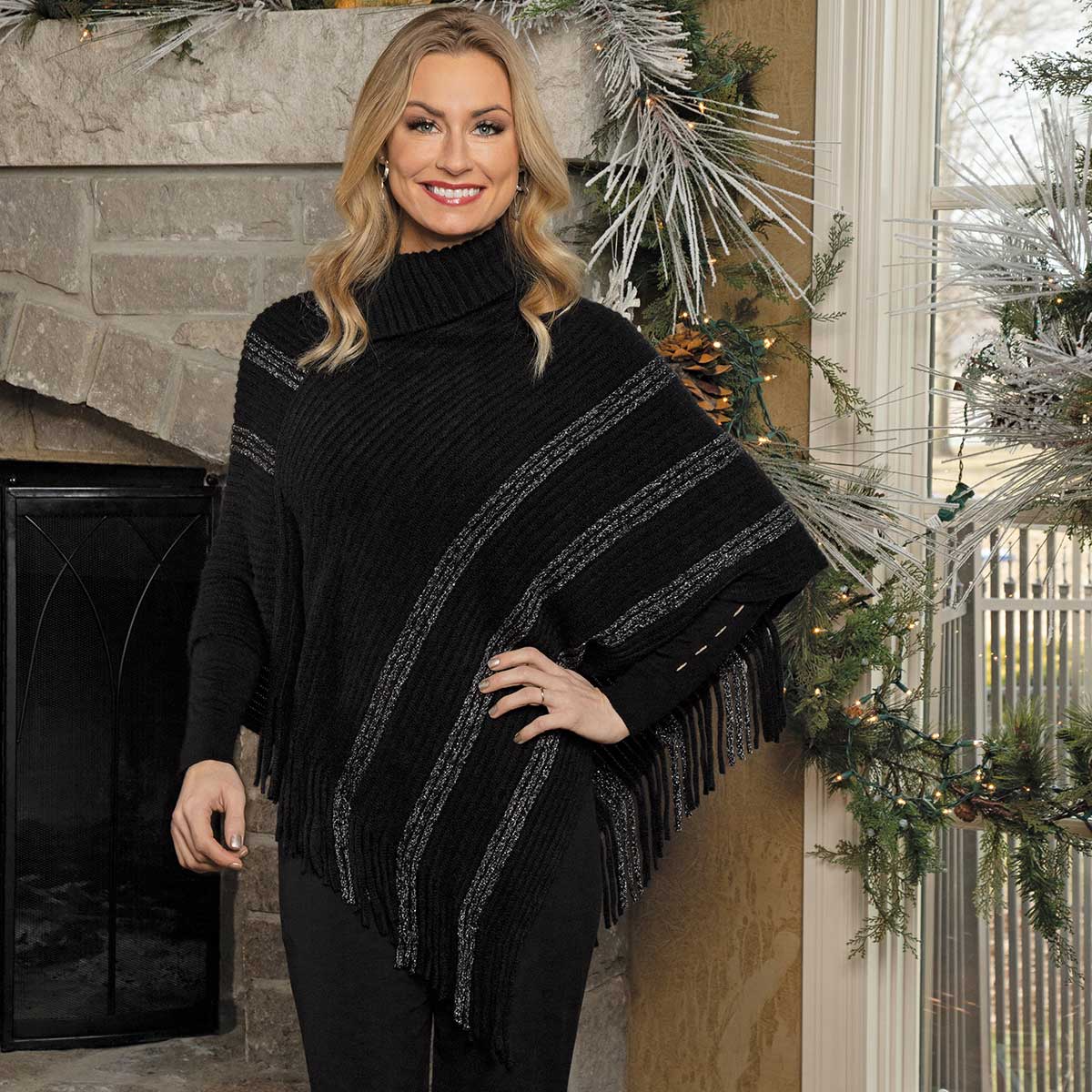 Black Knit Poncho with Collar and Fringe 36"x36"