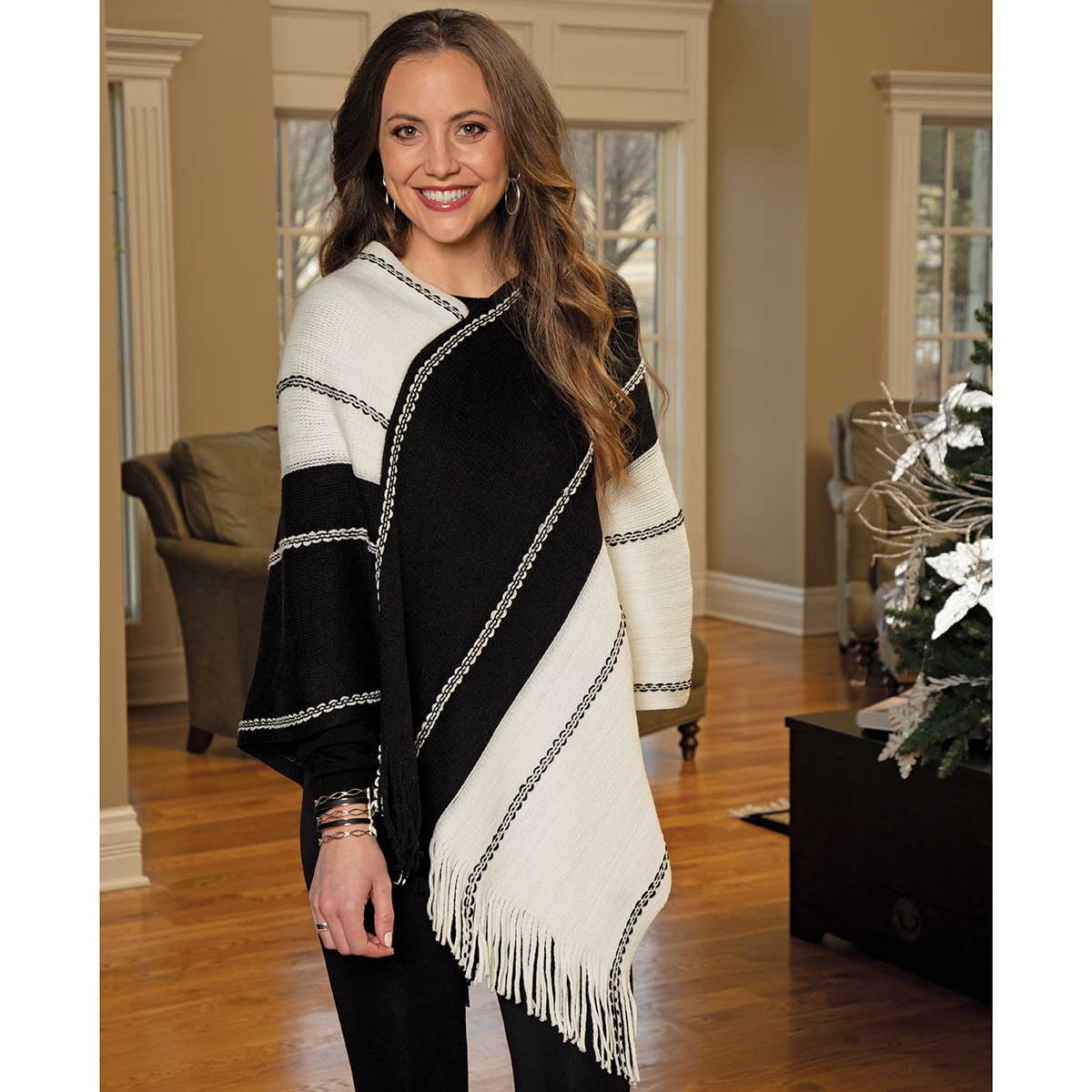 Black and Cream Knit Poncho with Fringe 36"x36"