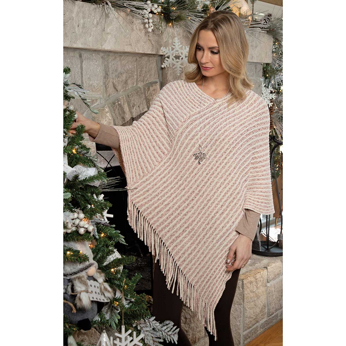 Rose and Cream Stripe Knit Chenille Poncho with Fringe 36"x36"