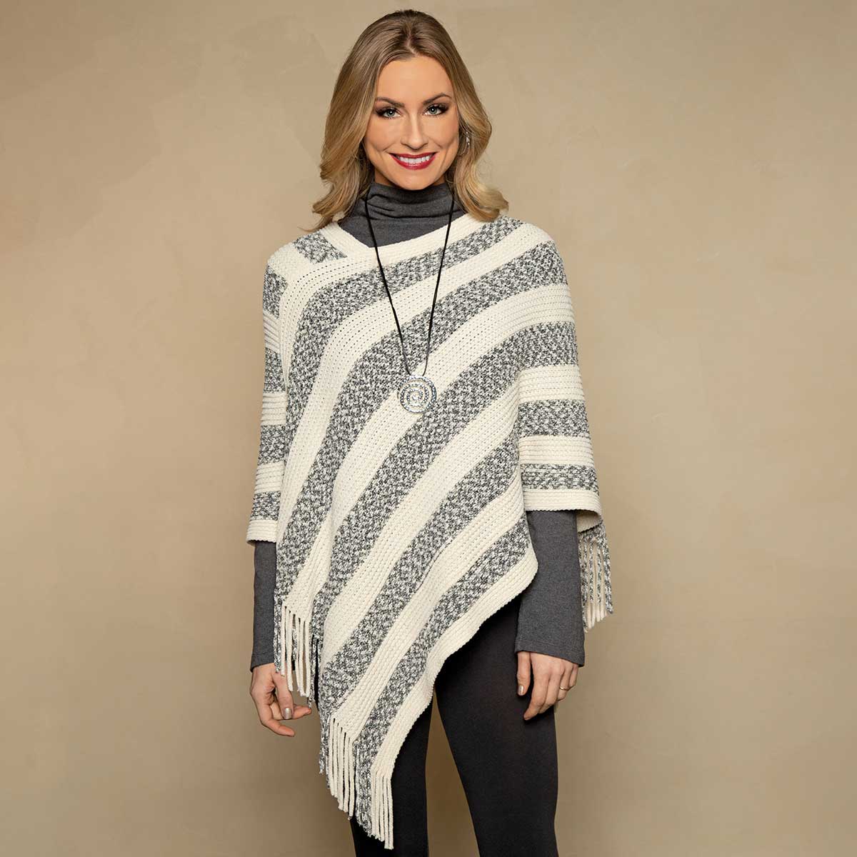 Grey and Cream Stripe Knit Chenille Poncho with Fringe 36"x36"