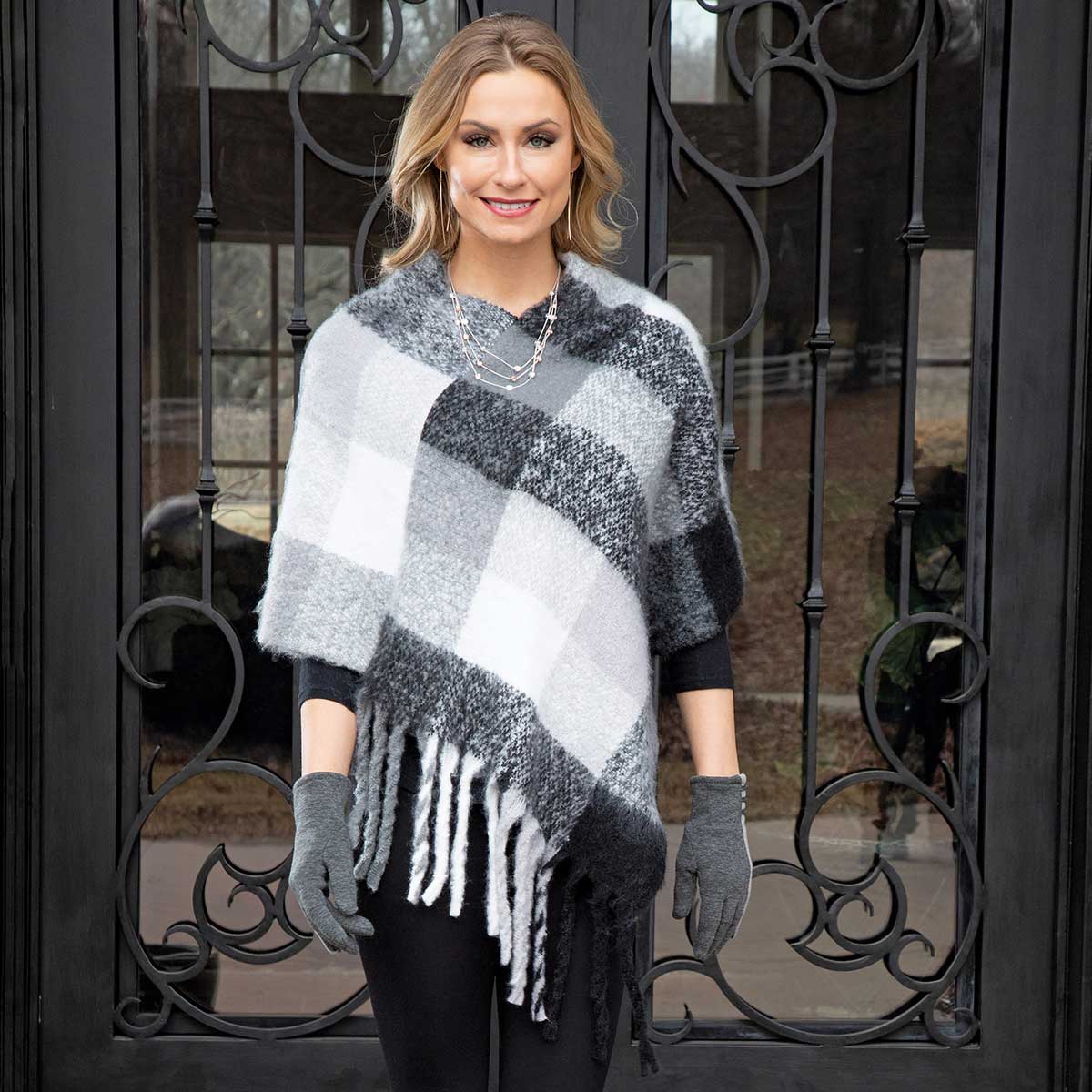 Black and Grey Plaid Knit Poncho with Fringe 34"x36"