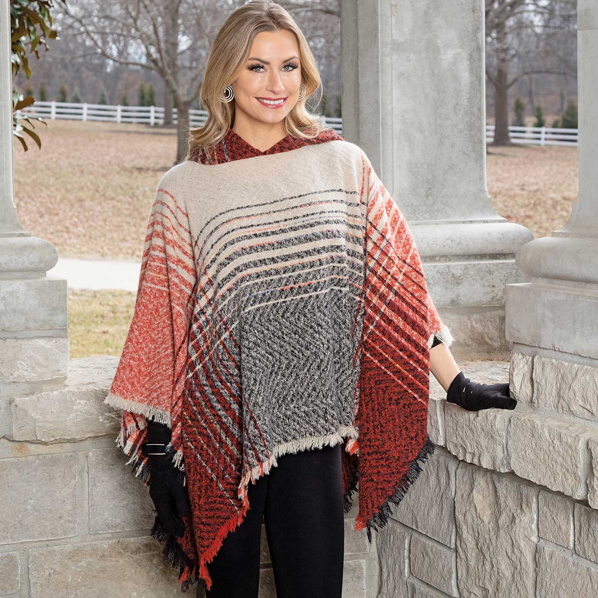 Red and Cream Knit Poncho with Hood 53"x27"