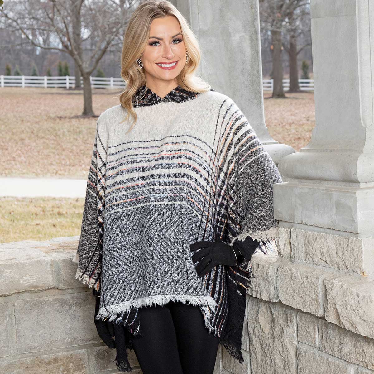 Black and Cream Knit Poncho with Hood 53"x27"