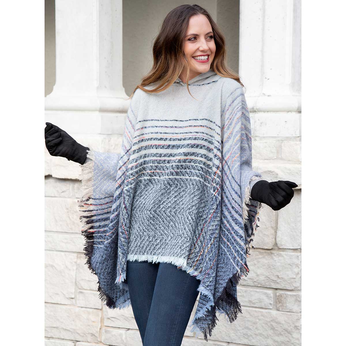 Blue and Cream Knit Poncho with Hood 53"x27"