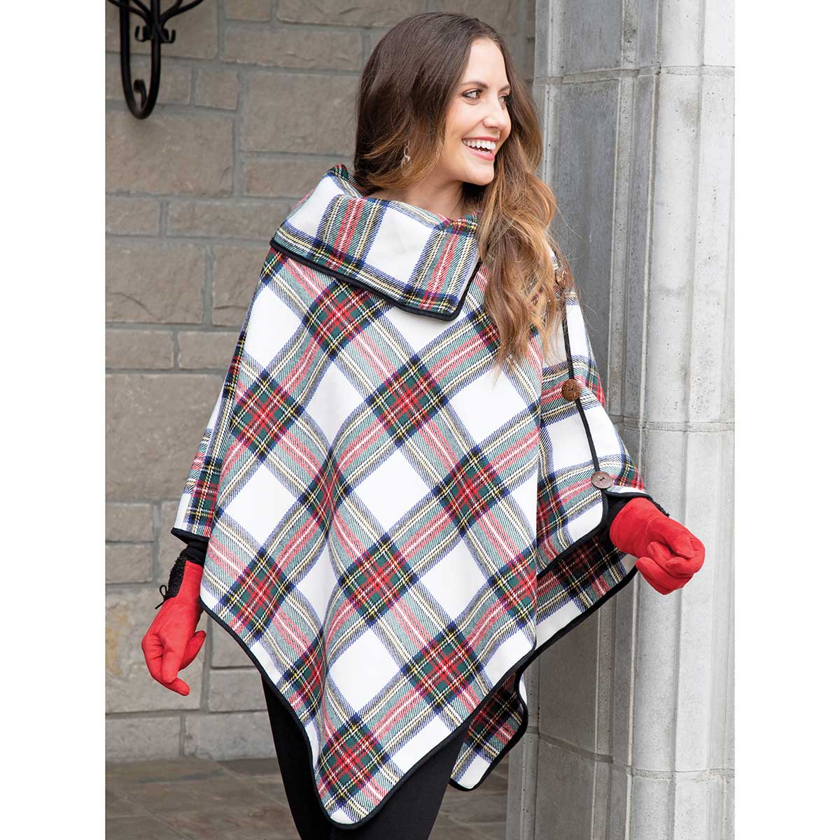 Red and Cream Plaid Brushed Twill Poncho with Collar and