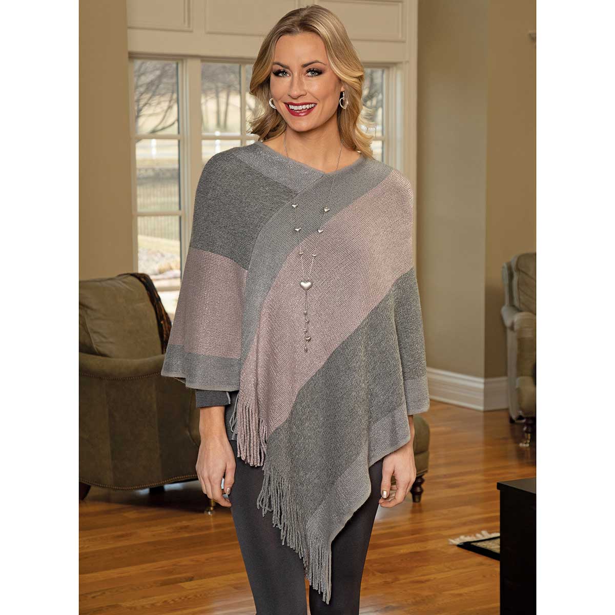 Grey and Pink Knit Poncho with Fringe 39"x36"