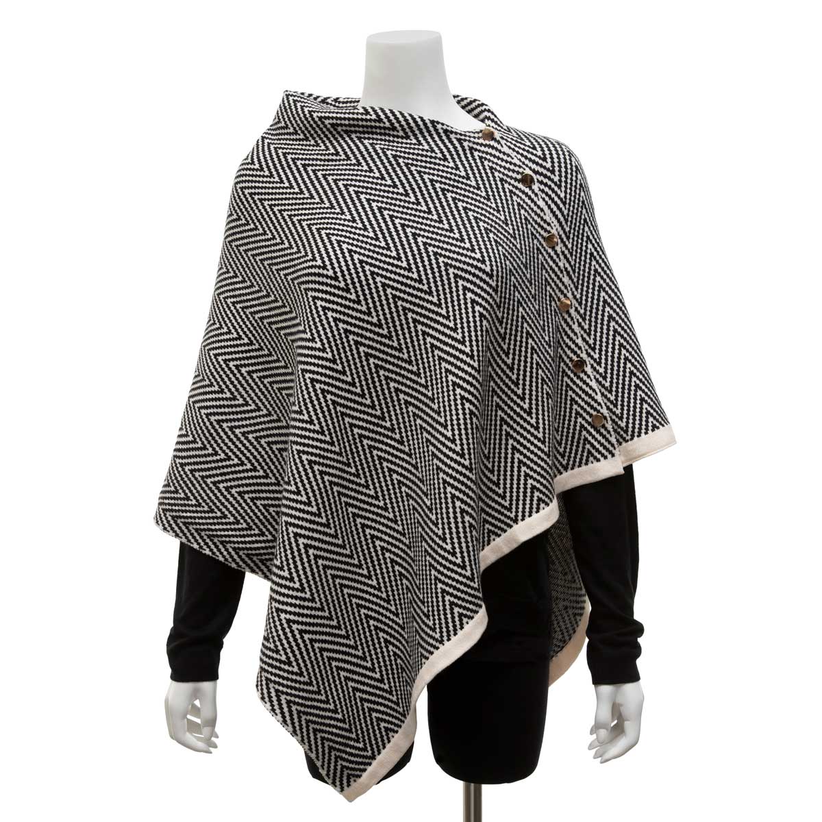 BLACK ZIG ZAG PONCHO WITH BUTTONS 30"X34" (ONE SIZE FITS MOST)