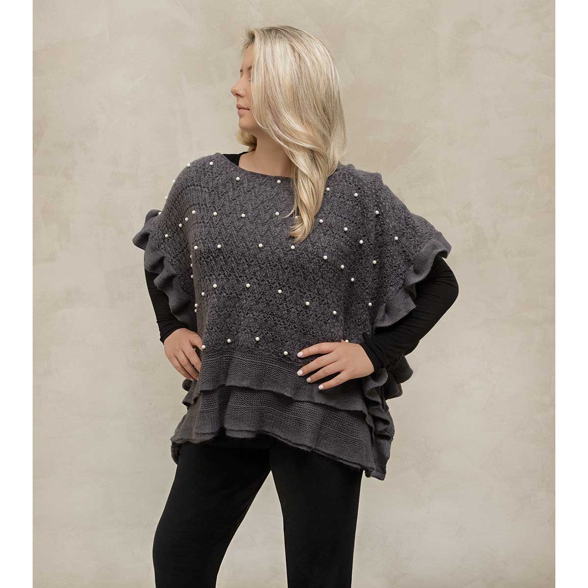 DARK GREY KNIT PONCHO WITH PEARLS 20"X40" (ONE SIZE FITS MOST)