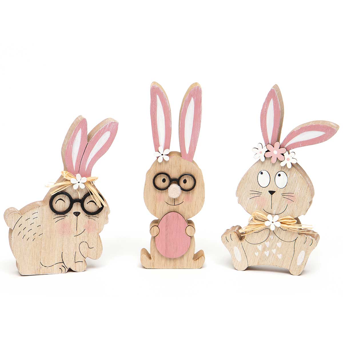 !TRIPLE CUTIES WOODEN BUNNY SIT-A-BOUT SET 3 "HAPPY EASTER"