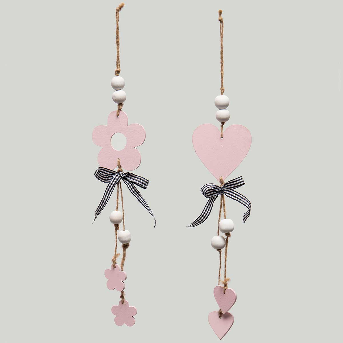 !HEART AND FLOWERS WOODEN HANG-UPS PINK/WHITE WITH TWINE ff50