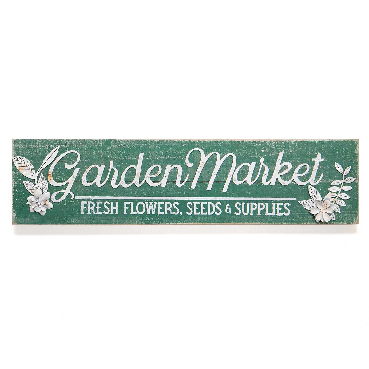 !GARDEN MARKET WOOD & METAL SIGN GREEN/WHITE WITH METAL ff50