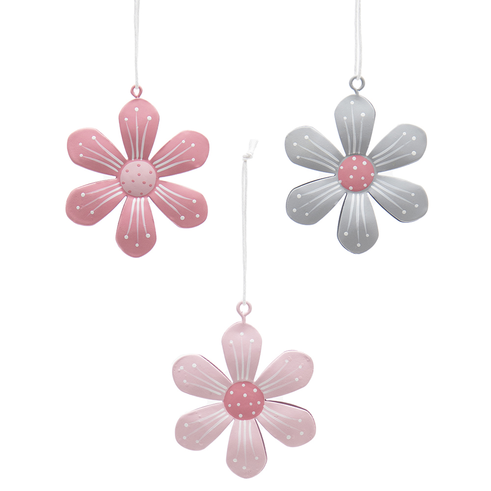 Flower Metal Ornament with String Hanger Box of 3