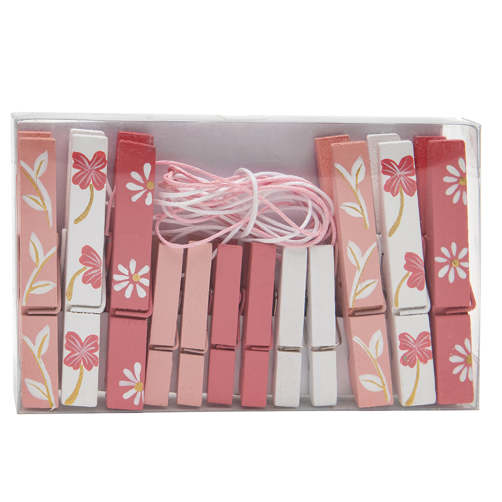 !Clothes Pins Wood Pink/White with String