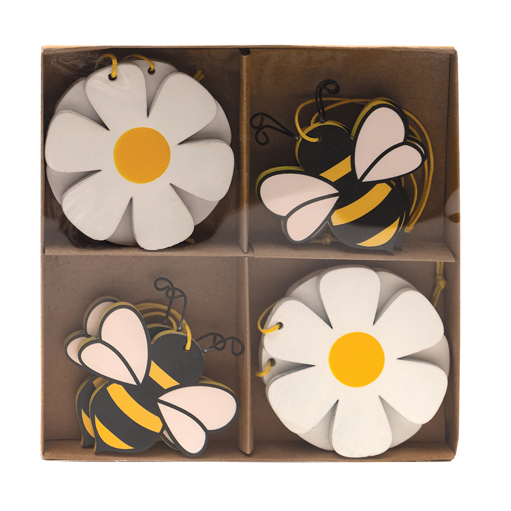 Bee and Daisy Wood Ornament with String Hanger box of 8