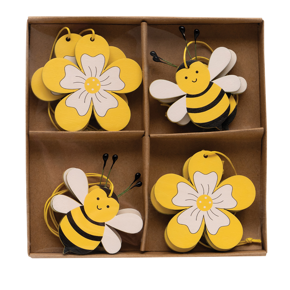 Bee and Cosmos Wood Ornament box of 8