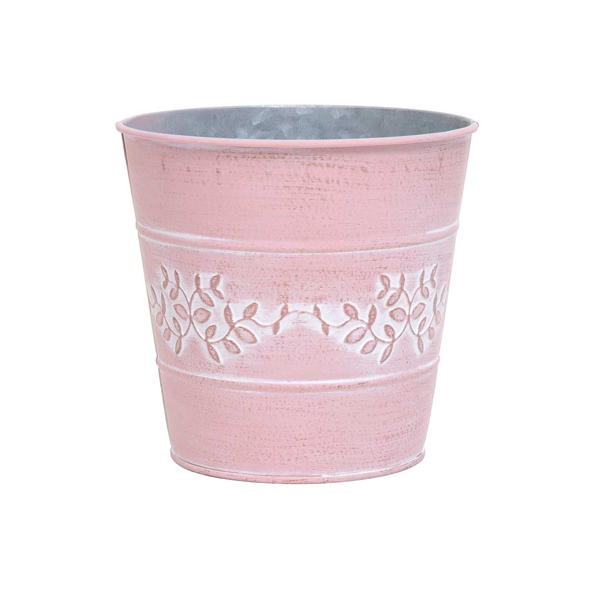 PINK METAL BUCKET WITH EMBOSSED PRIVET DESIGN SMALL 6"X5.5"