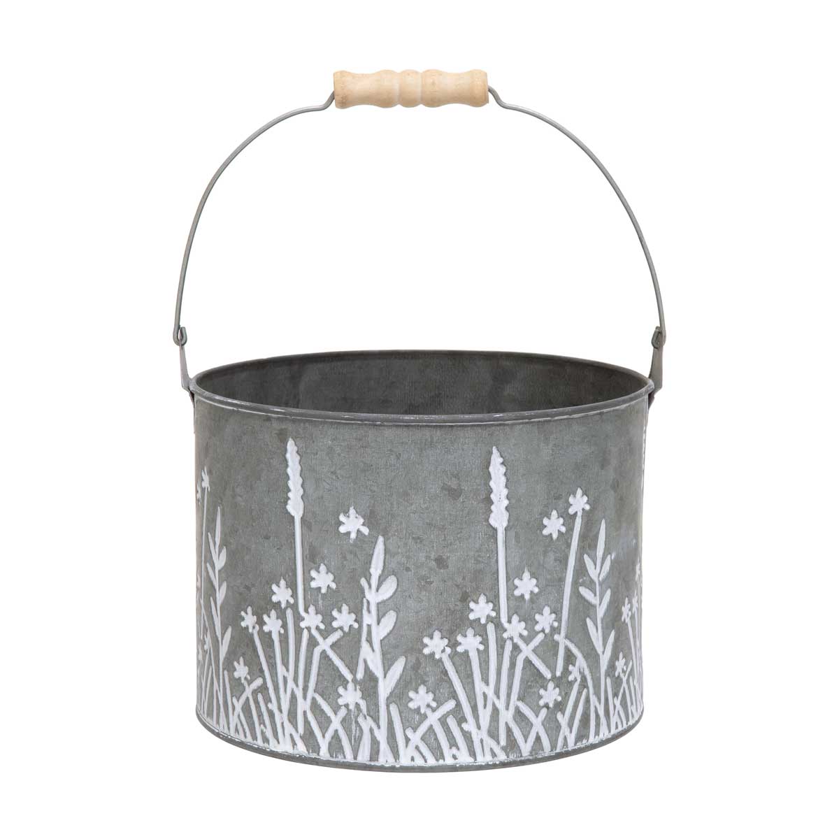 MEADOW MOTIF METAL BUCKET WITH WHITE FLOWERS AND HANDLE