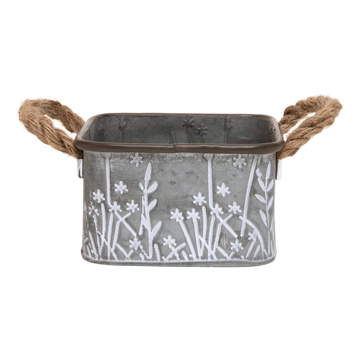 MEADOW MOTIF METAL PLANTER SQUARE WITH WHITE FLOWERS