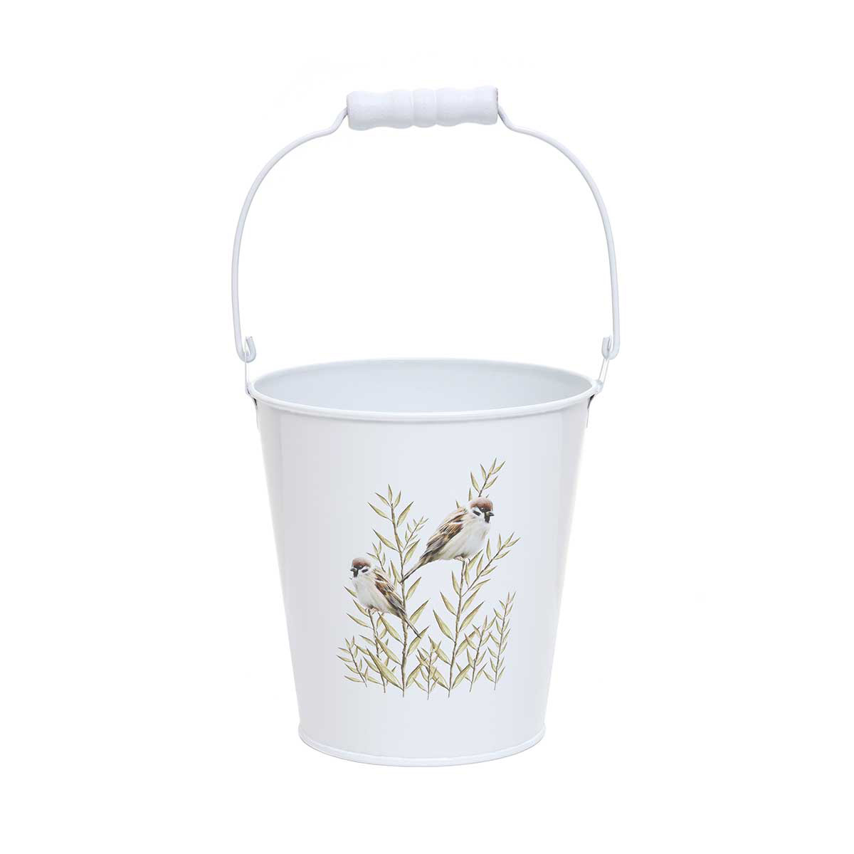 BIRDS ON TWIG METAL BUCKET WHITE WITH HANDLE SMALL 6"X6.5"