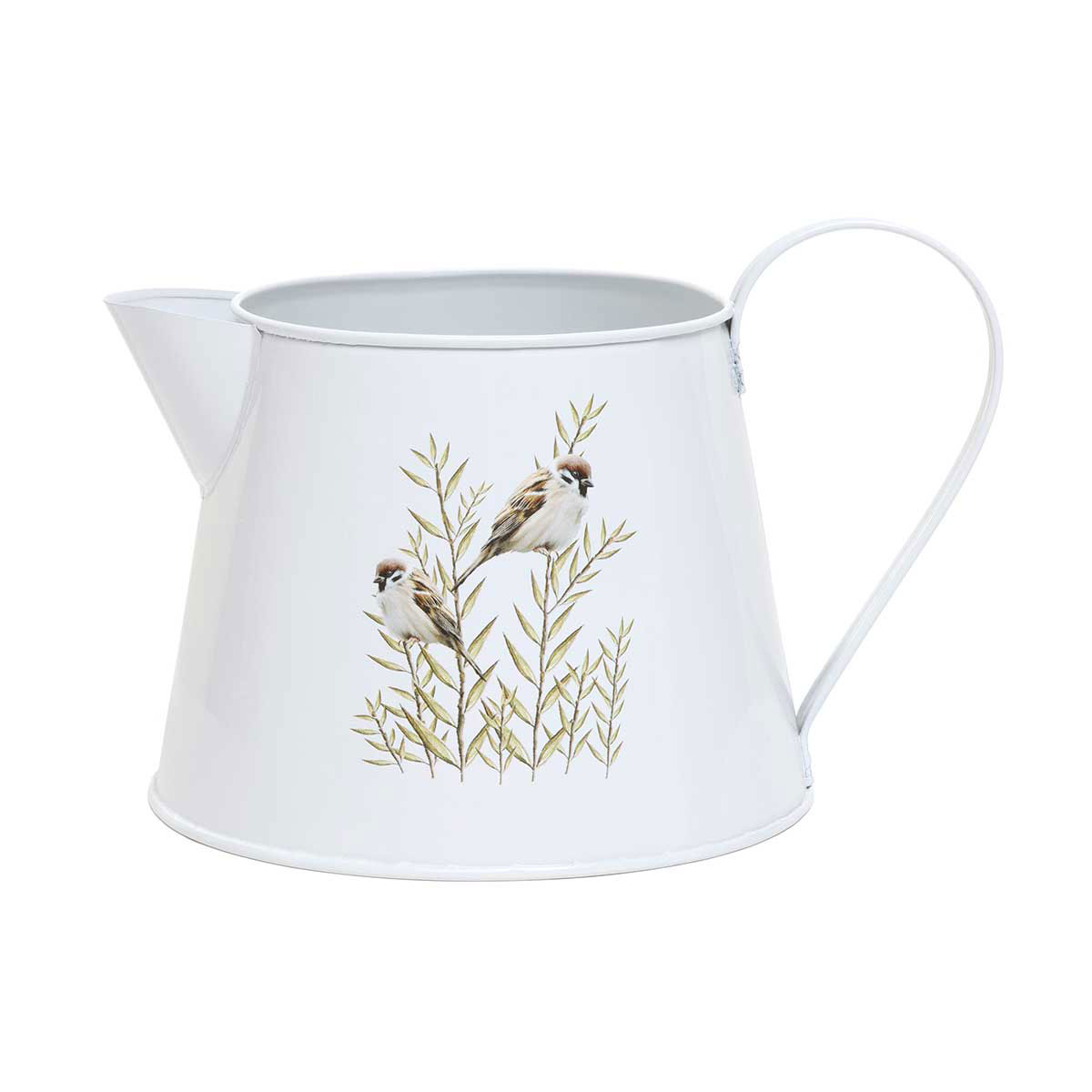 BIRDS ON TWIG METAL PITCHER WHITE WITH HANDLE 8.5"X6.5"X5.5"