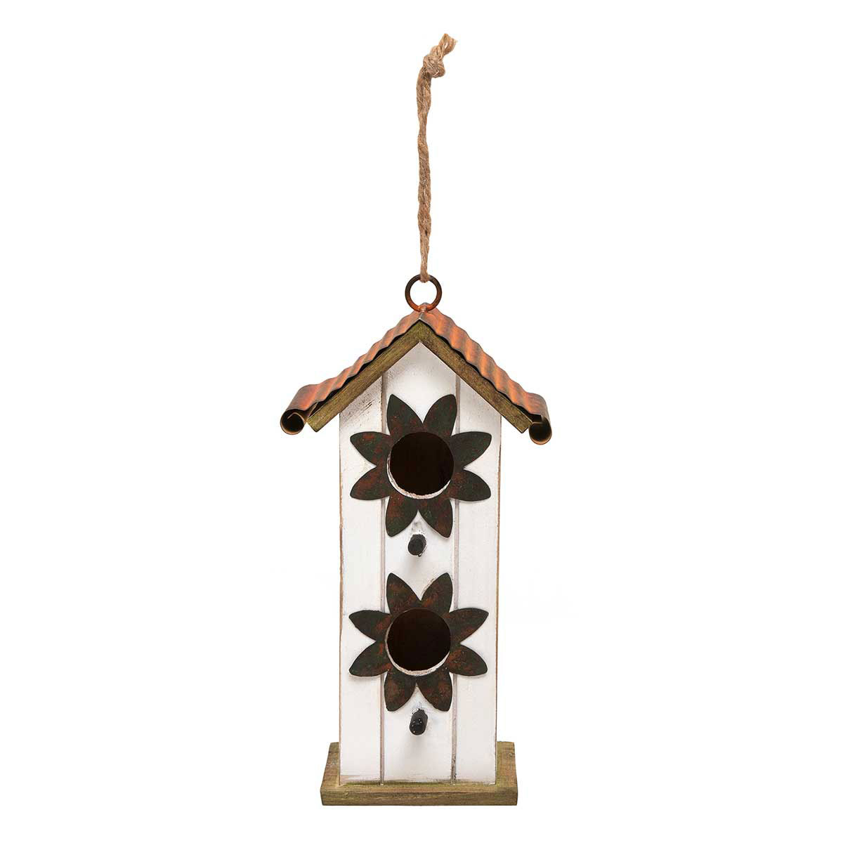 KANSAS WOOD BIRDHOUSE WHITE WITH METAL ROOF, FLOWERS
