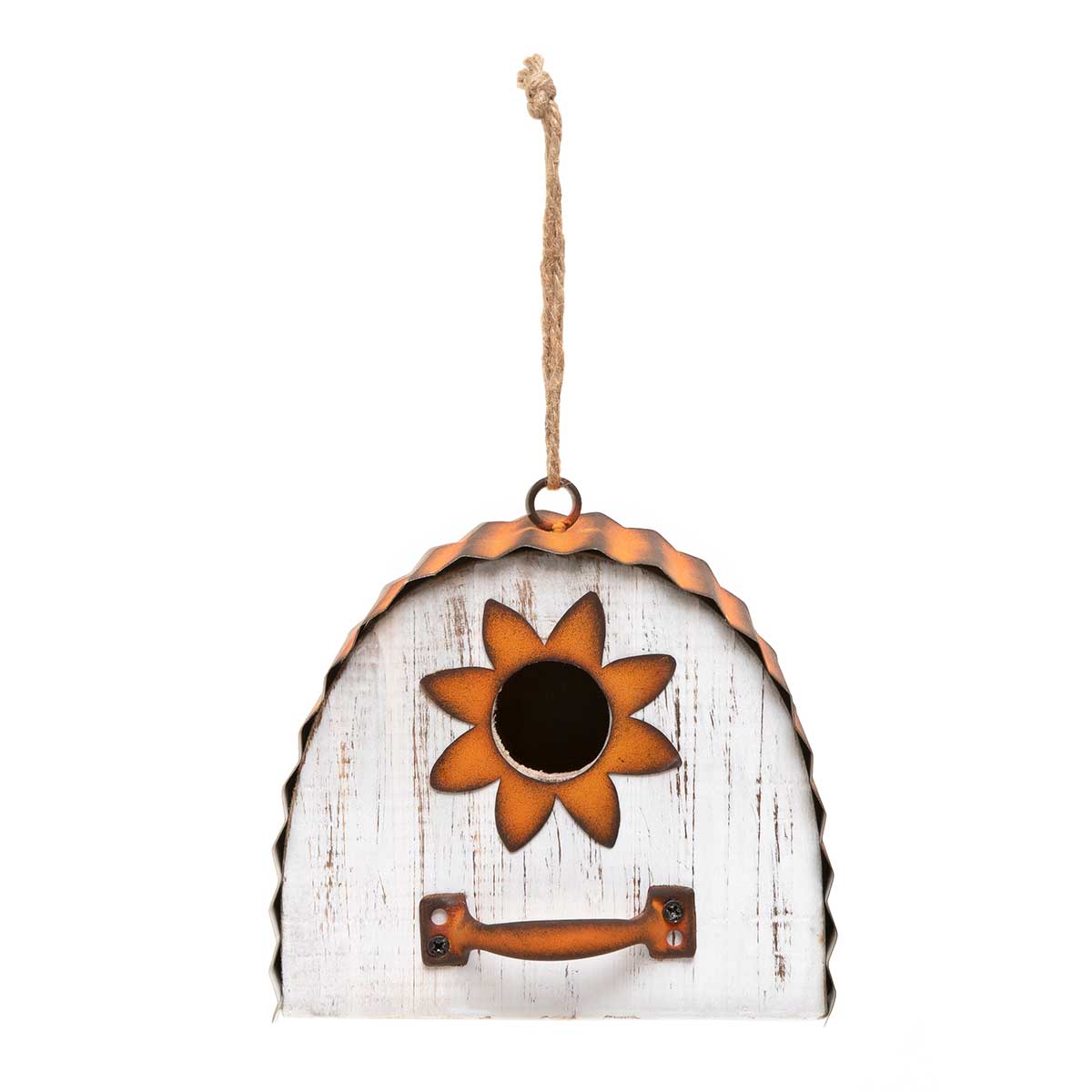 KANSAS WOOD BIRDHOUSE WHITE WITH CURVED METAL ROOF,