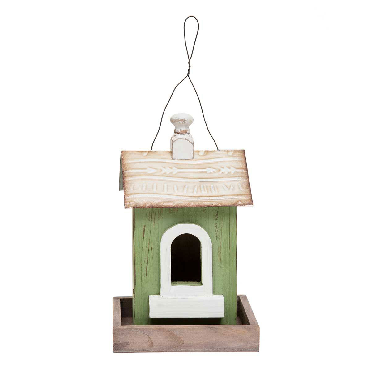 MEADOW GREEN WOOD BIRDHOUSE WITH WHITE TRIM, METAL ROOF