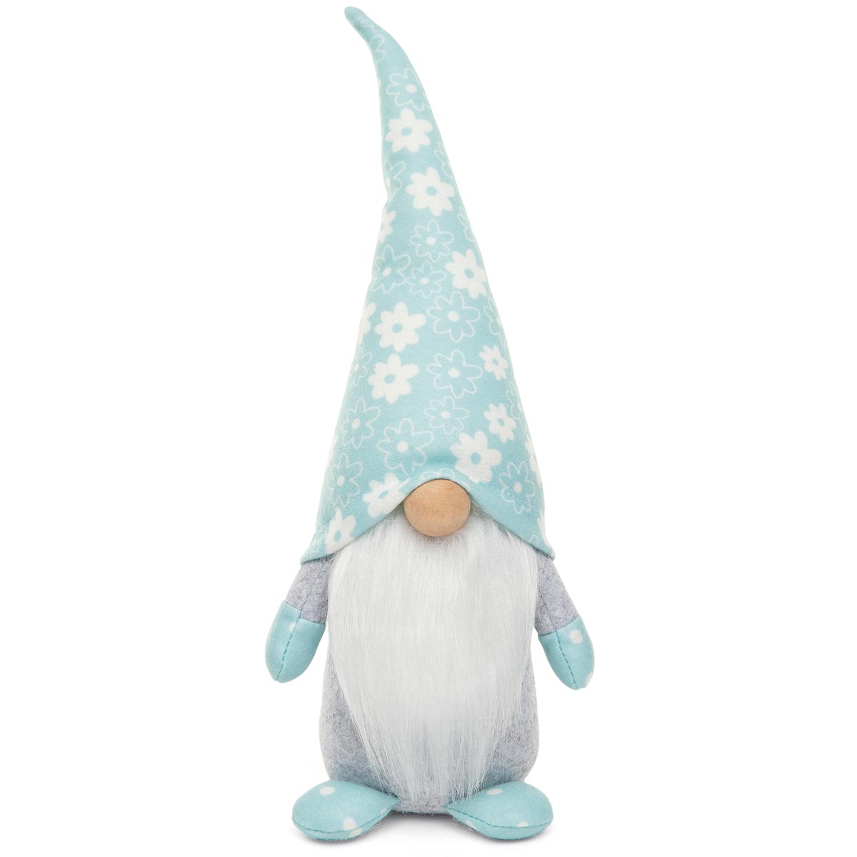 BLUE MEADOW GNOME WITH WIRED FLOWER HAT, WOOD NOSE,