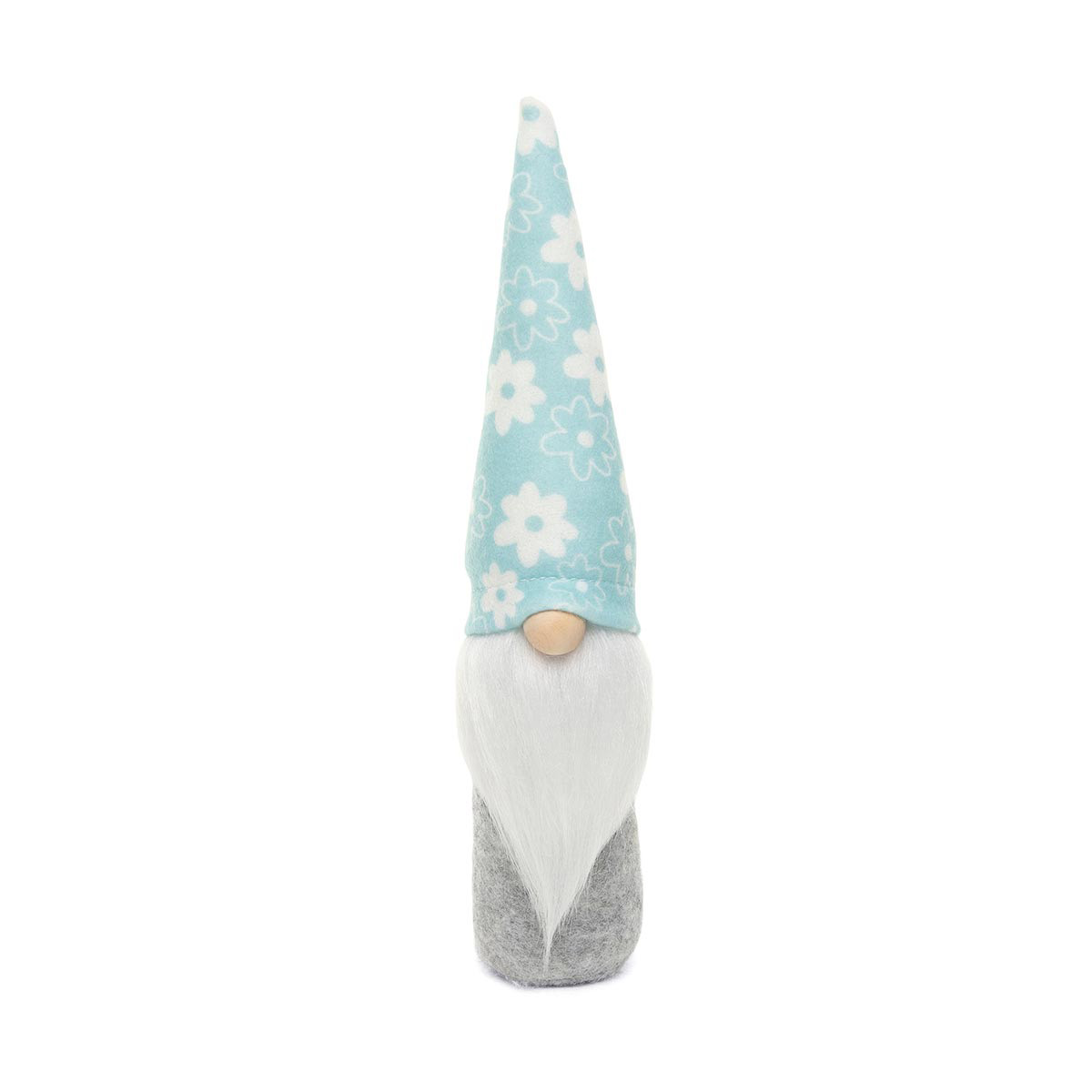 BLUE MEADOW GNOME WITH FLOWER HAT, WOOD NOSE