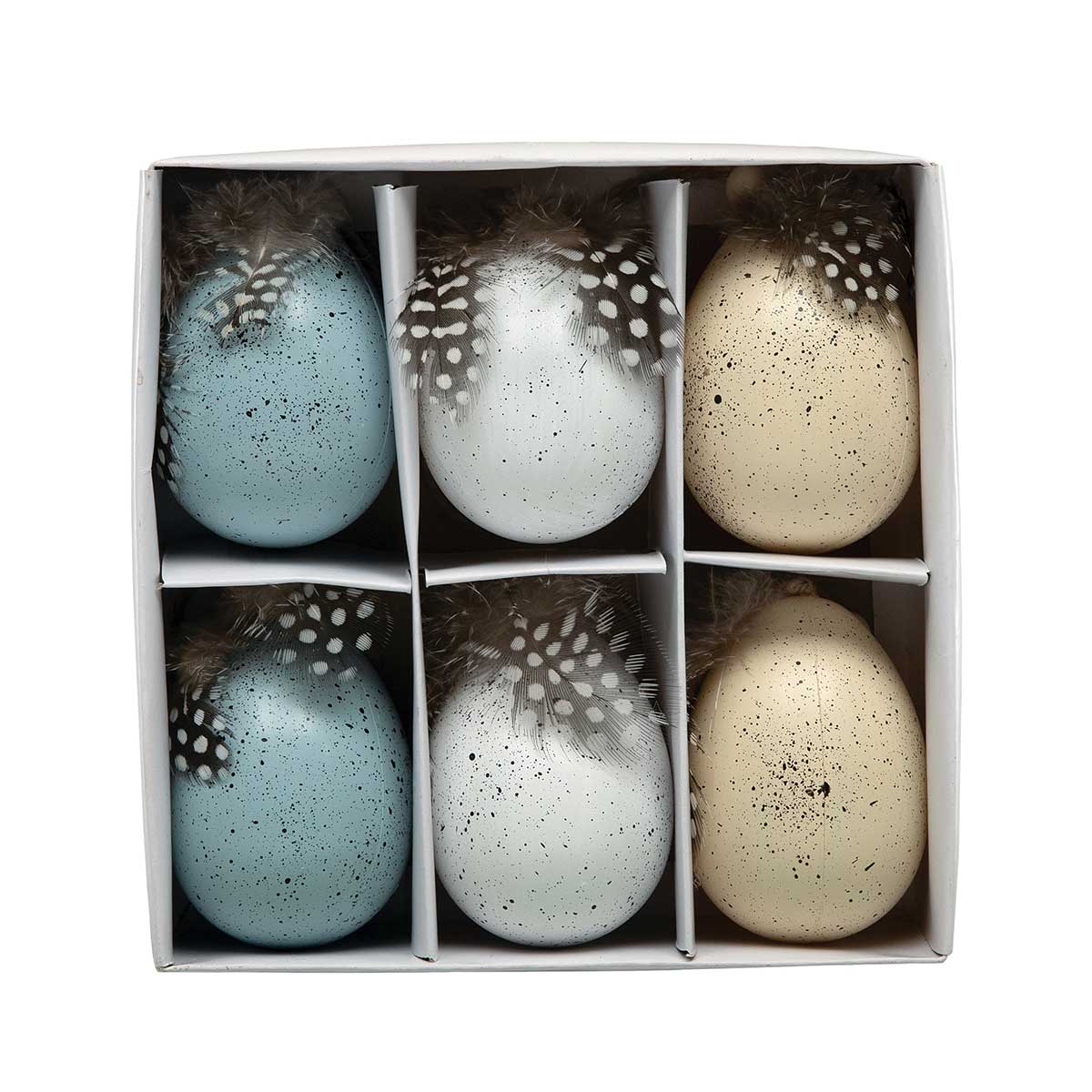 FEATHER ACCENT EGGS BLUE/CREAM/NATURAL WITH TWINE HANGER