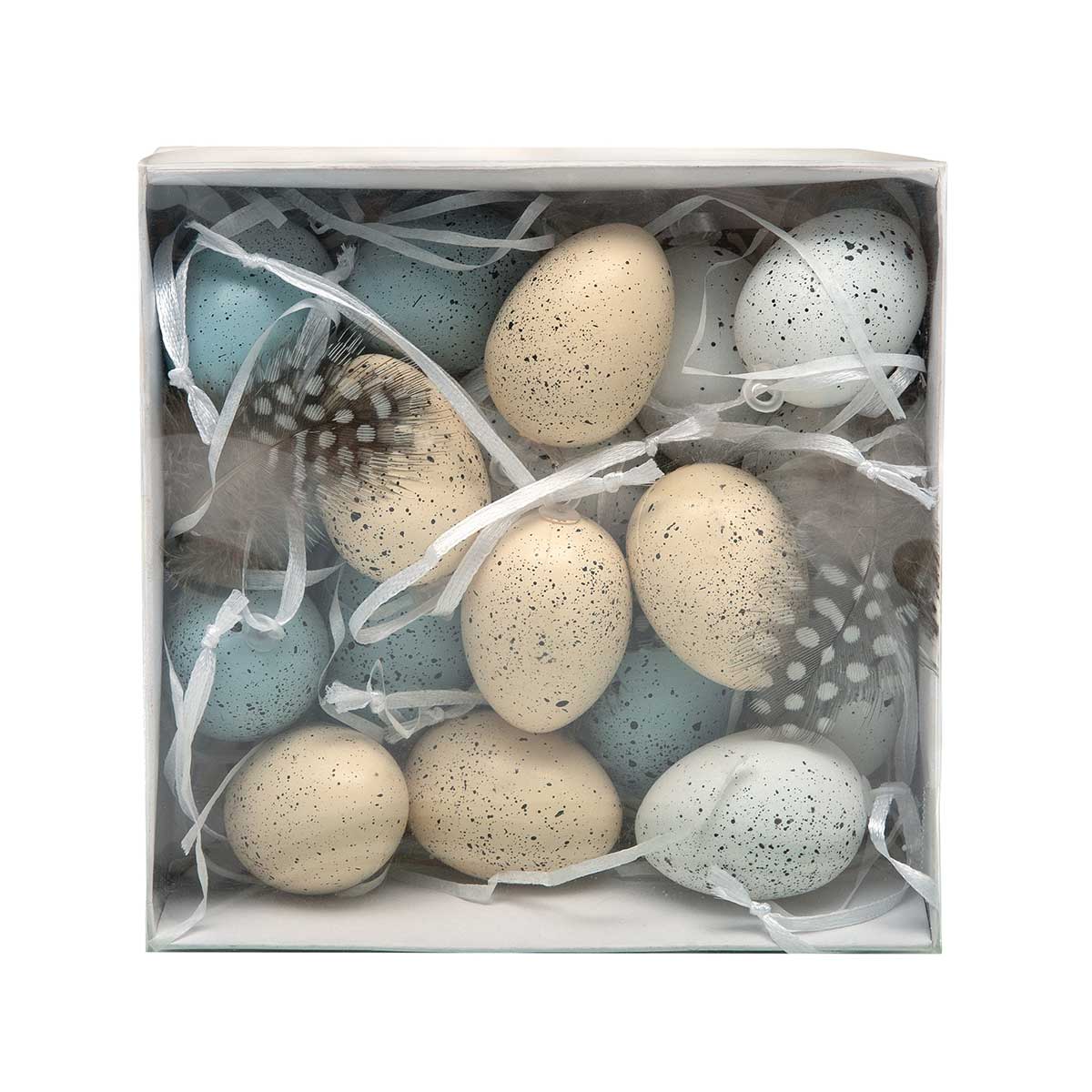 FEATHER ACCENT EGGS BLUE/CREAM/NATURAL WITH RIBBON HANGER