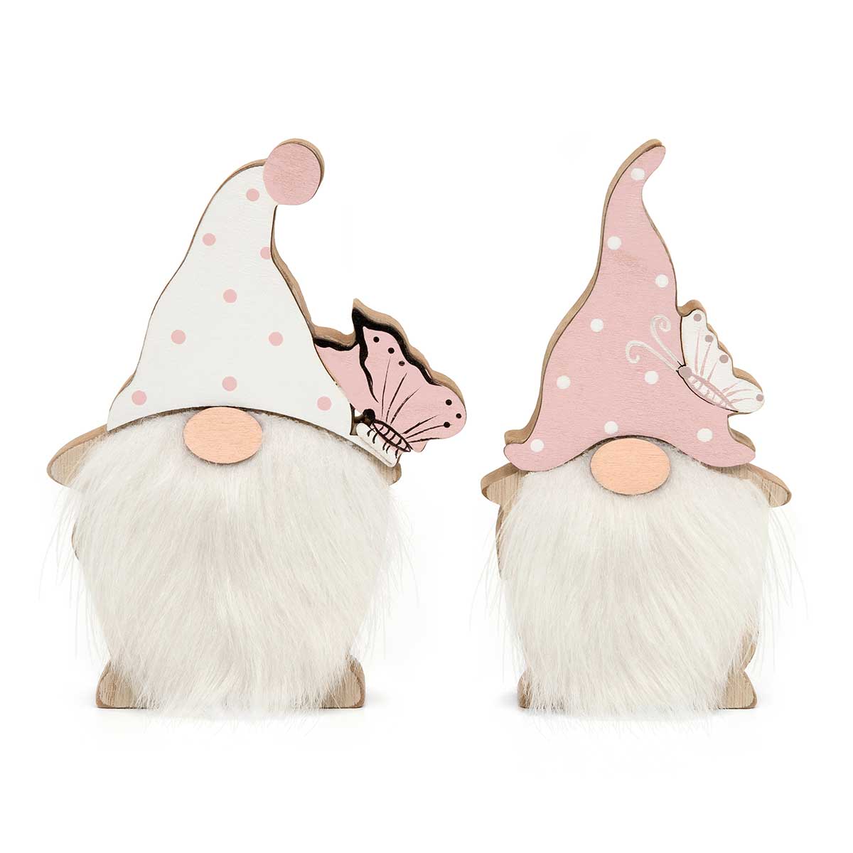 b50 WOOD GNOME SIT-A-BOUT PINK/WHITE PINDOT WITH BUTTERFLY