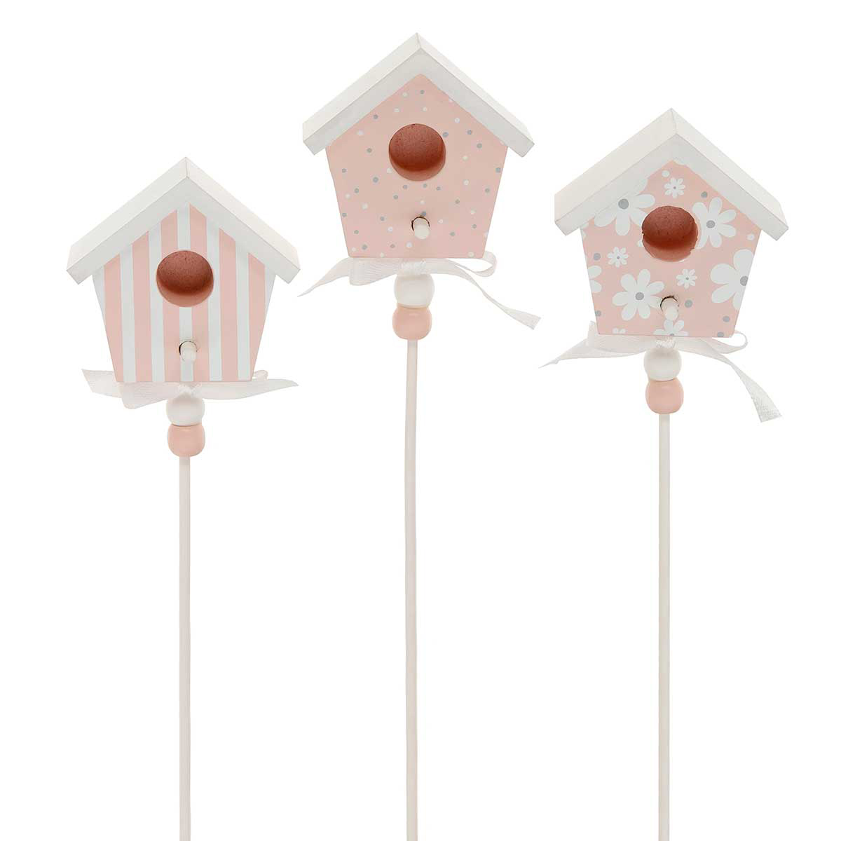 WHOOPSIE MINI WOOD BIRDHOUSE ON STICK PINK/WHITE WITH BOW