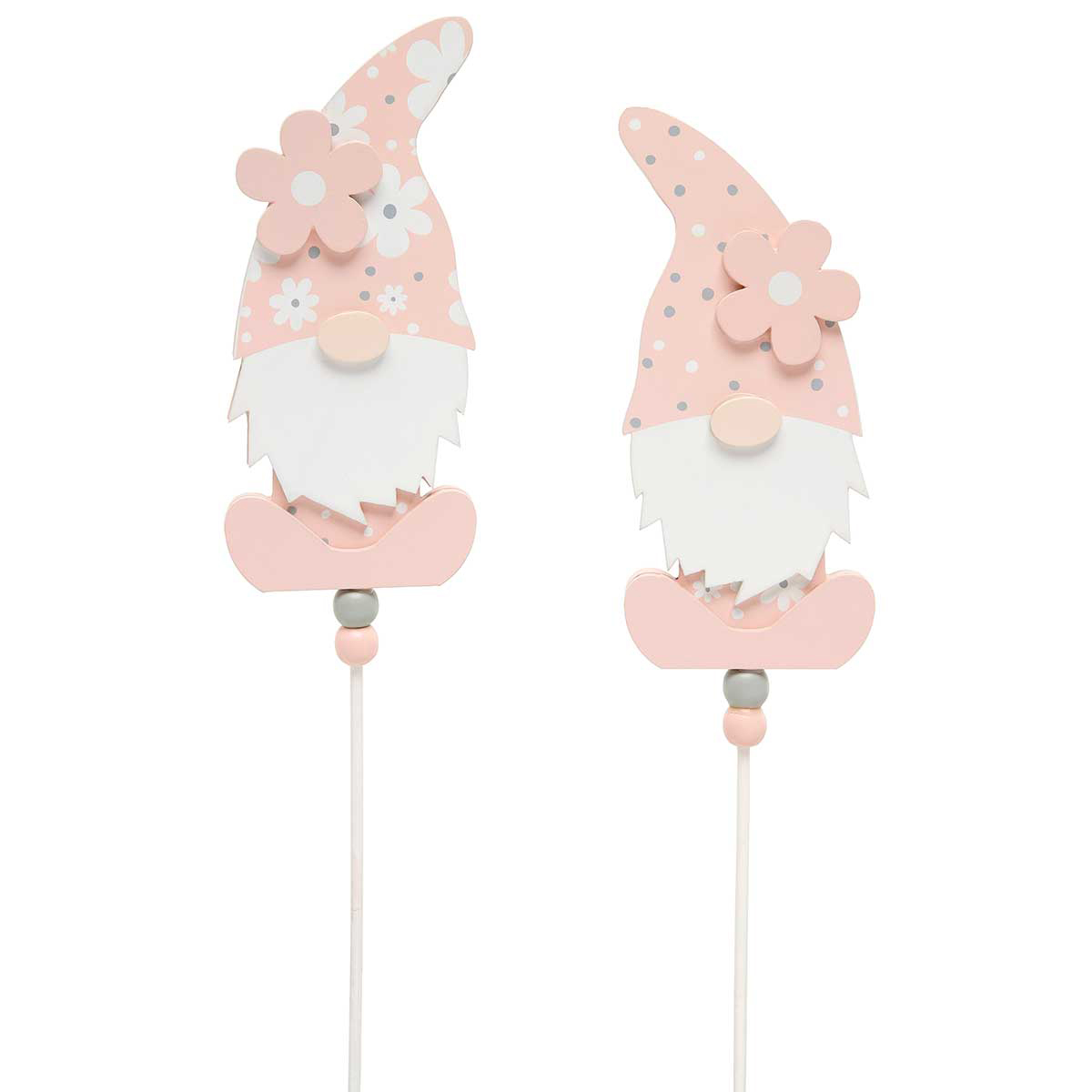 b50 WHOOPSIE WOOD GNOME ON STICK PINK/WHITE PINDOT/DAISY