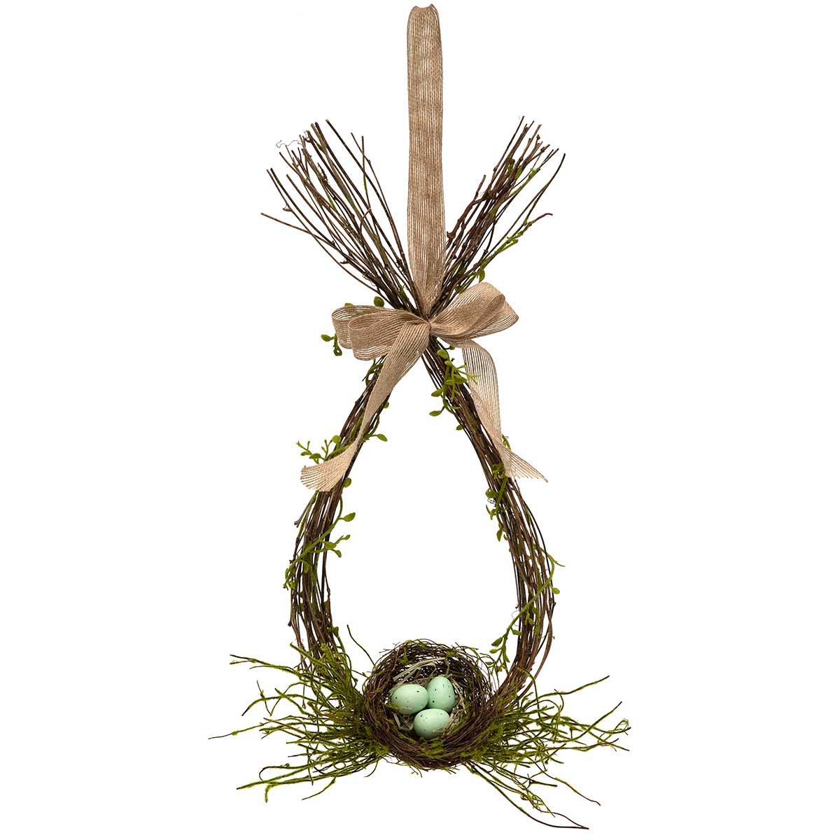 OVAL TWIG WREATH WITH NEST, MOSS, BLUE EGGS AND