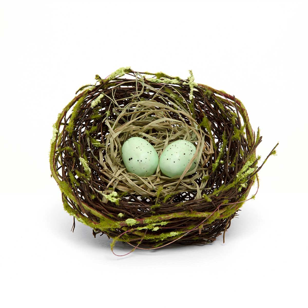 TWIG NEST WITH RAFFIA, MOSS AND BLUE EGGS 6"X2.5"
