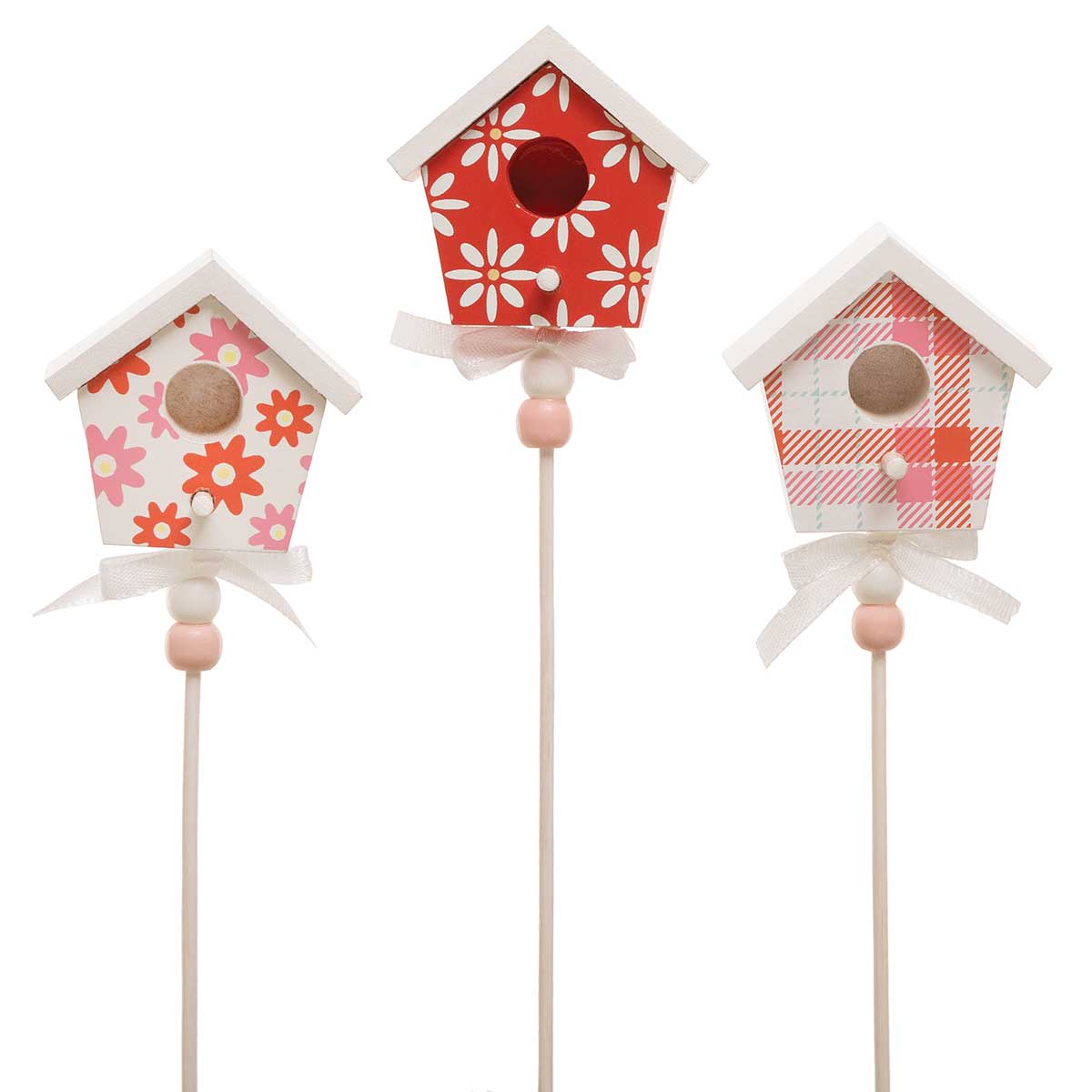 CORAL FAIR WOOD BIRDHOUSE ON STICK CORAL/WHITE