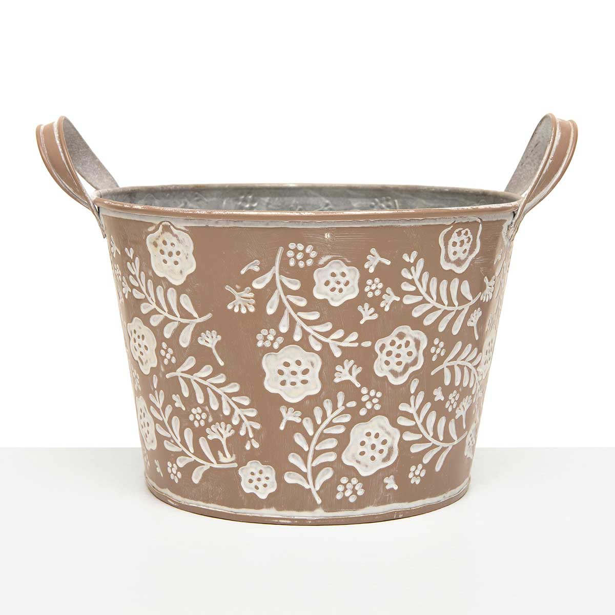 BUCKET FLOWER SHORT 7.5IN X 5IN TAUPE/WHITE METAL WITH HANDLES - Click Image to Close