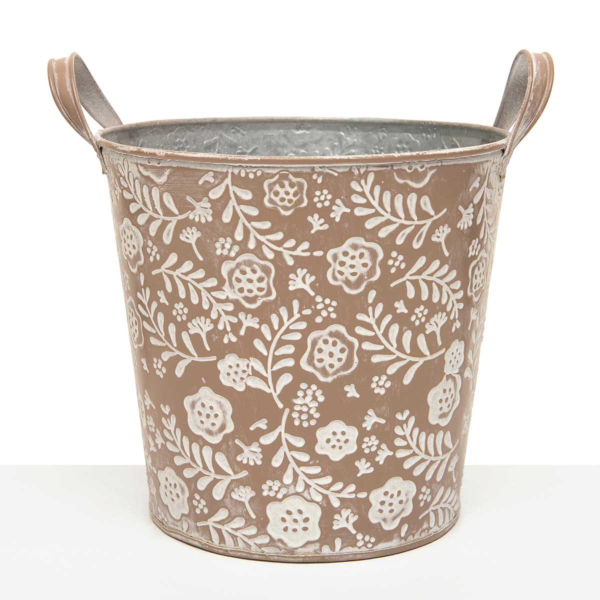 BUCKET FLOWER LARGE 7.5IN X 7IN TAUPE/WHITE METAL WITH HANDLES