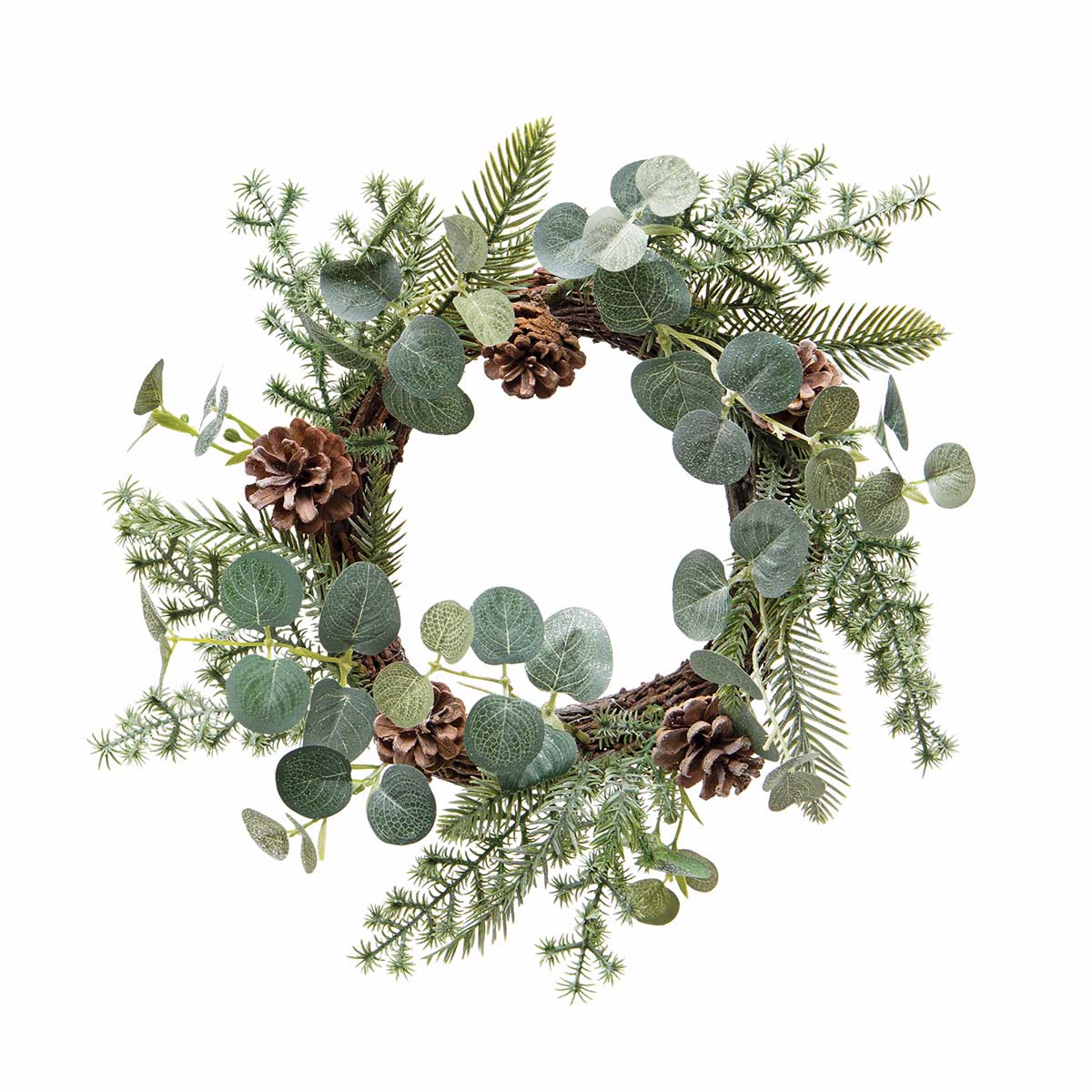 !FROSTED PINE WREATH WITH EUCALYPTUS, GLITTER, PINECONES f33