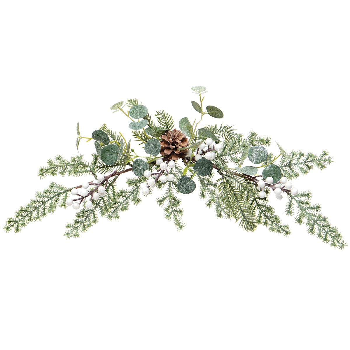 !WINTER BERRY CRESCENT WITH WHITE BERRIES, PINE, EUCALYPTUS