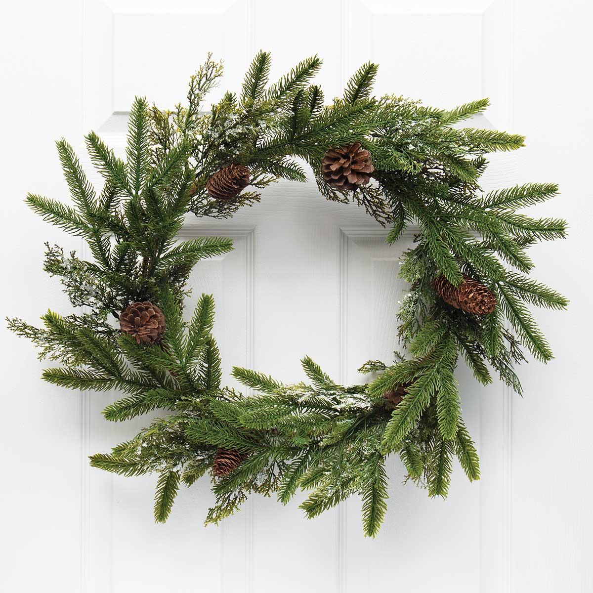 !NATURAL PINE MIX WREATH WITH SNOW/MICA CEDAR AND PINECONES 25"